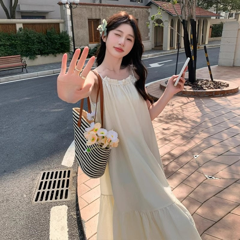 Gentle Apricot Sleeveless Pleated A-Line Dress for Women