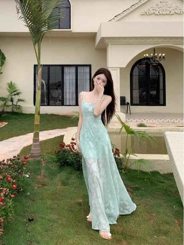 French Green Strap Mesh Waist Dress for Women Summer 2026