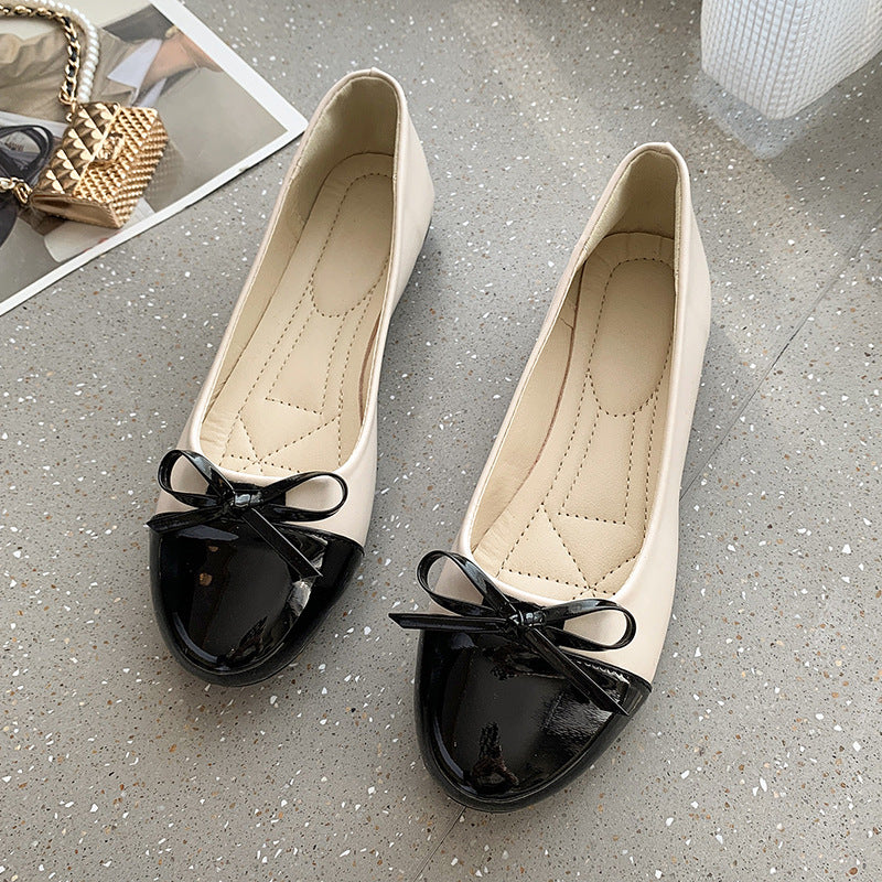 Women’s Bowknot Color Block Flat Shoes Round Toe Casual Leather