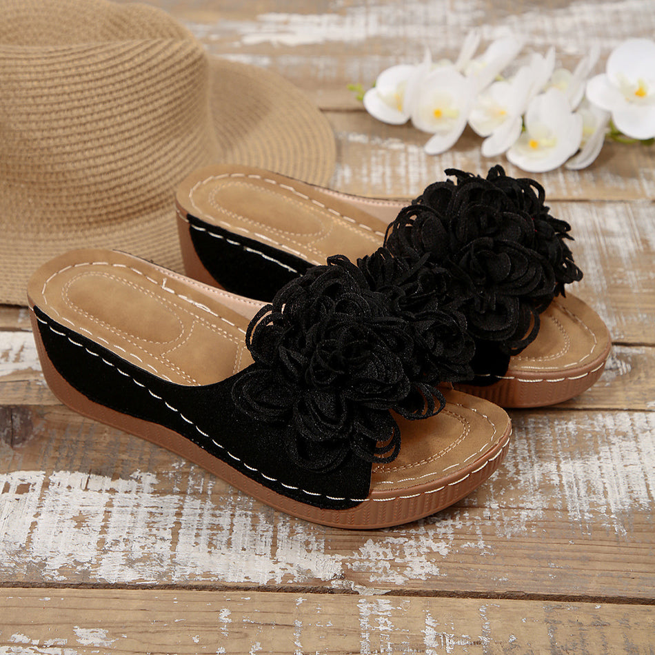 2025 Women’s Floral Wedge Slippers Thick Sole Fish Mouth Design