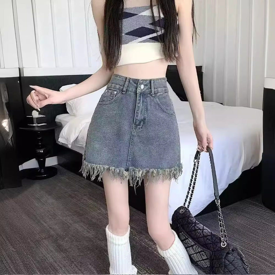 Women’s High Waist Fringe Denim A-Line Skirt Retro Casual