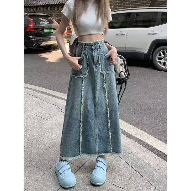 Women’s High Waist Denim Midi Fishtail Skirt Casual Summer