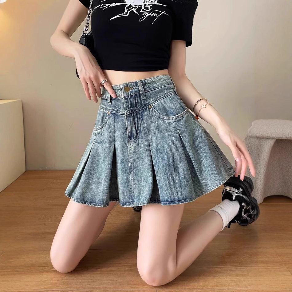 Women’s High Waist Denim Pleated Skirt Loose Casual Summer
