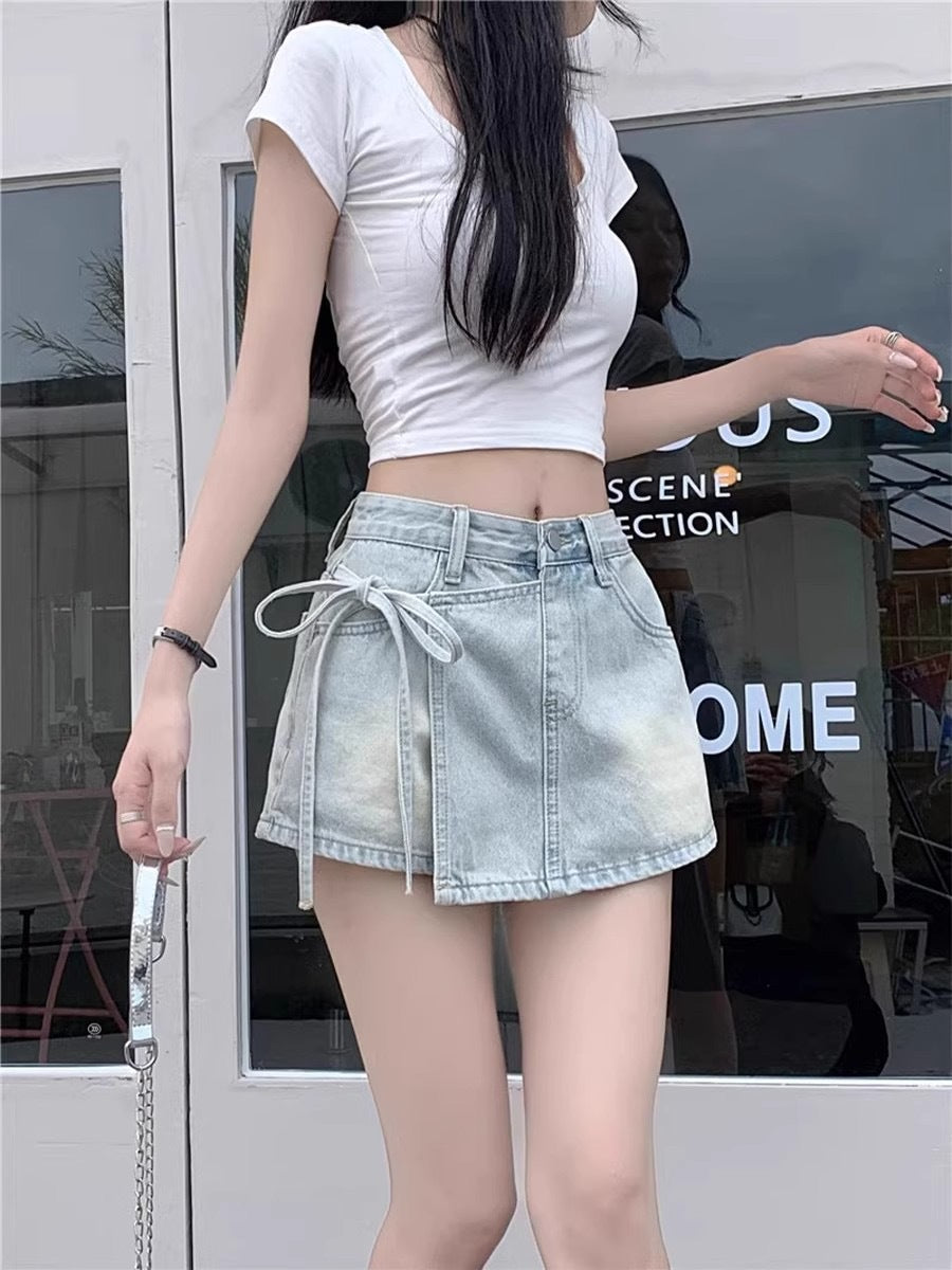 Women’s High Waist Denim A-Line Mini Skirt Two-Piece Style