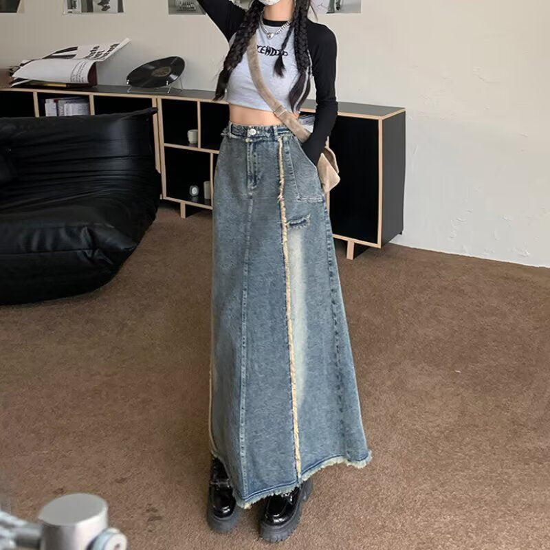 Women’s High Waist Frayed Denim A-Line Maxi Skirt Vintage