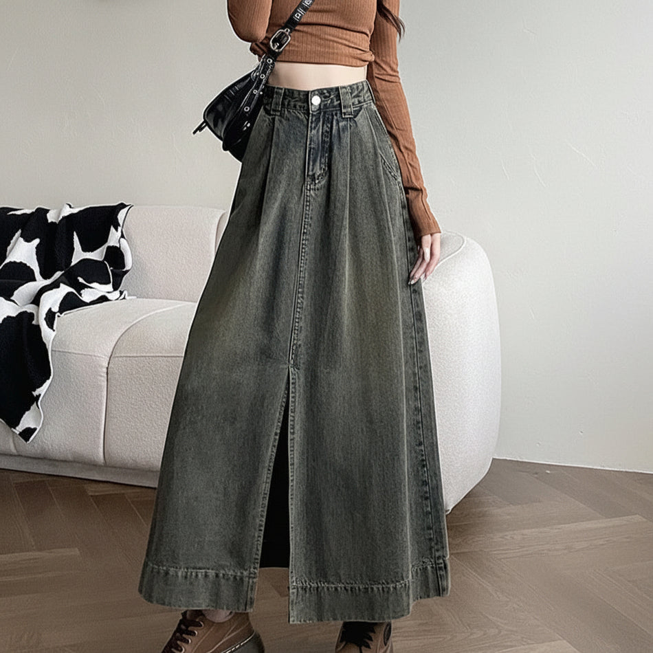 Women’s High Waist Denim Midi Slit Skirt Retro Casual