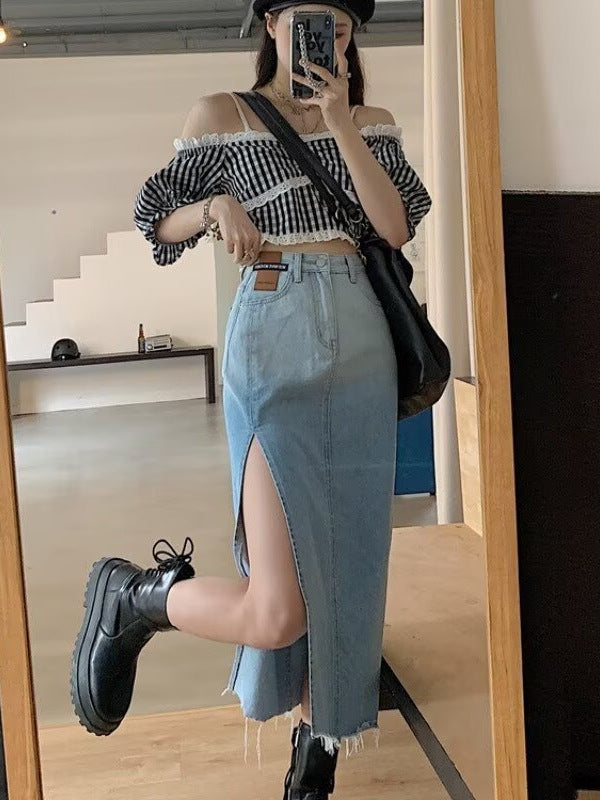 Women’s High Waist Denim Midi Slit Skirt Slim Fit Summer