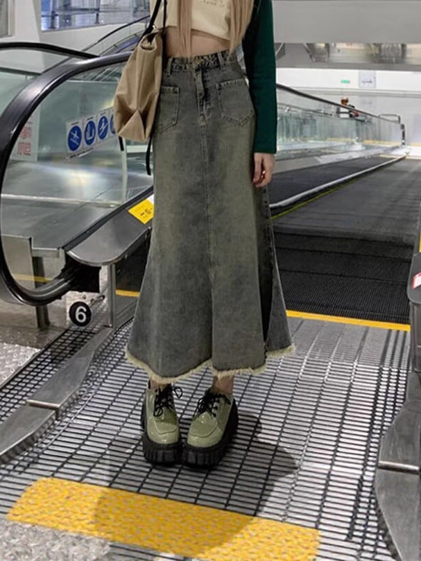 High-Waisted Frayed Denim Midi Skirt for Women – Summer Style