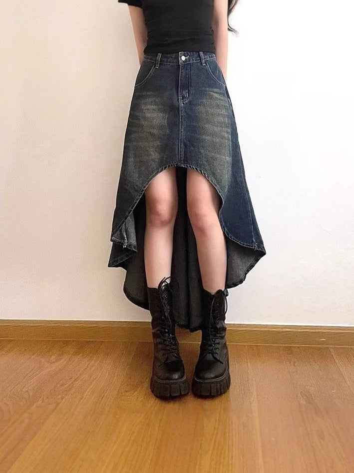 High-Waisted Distressed A-Line Denim Skirt for Women