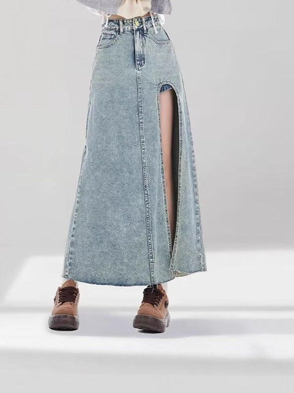 Plus-Size High-Waisted Side-Slit Denim Midi Skirt for Women
