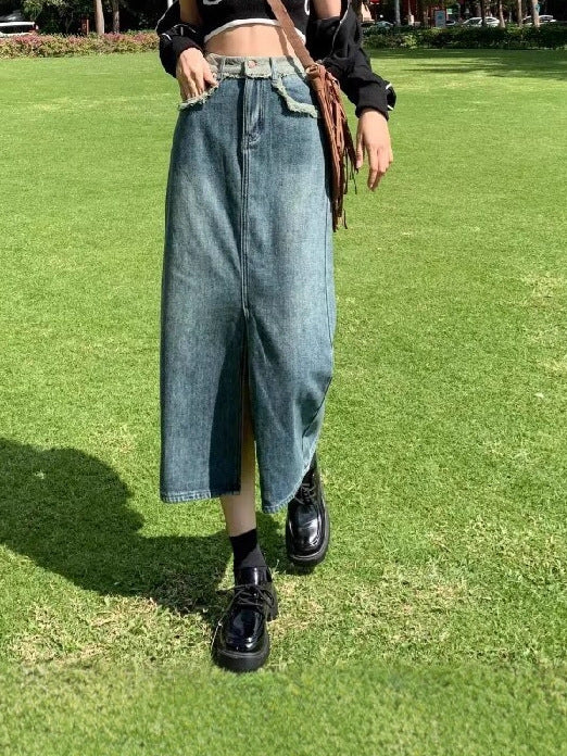 High-Waisted Color-Block Denim Midi Skirt with Side Slits for Women