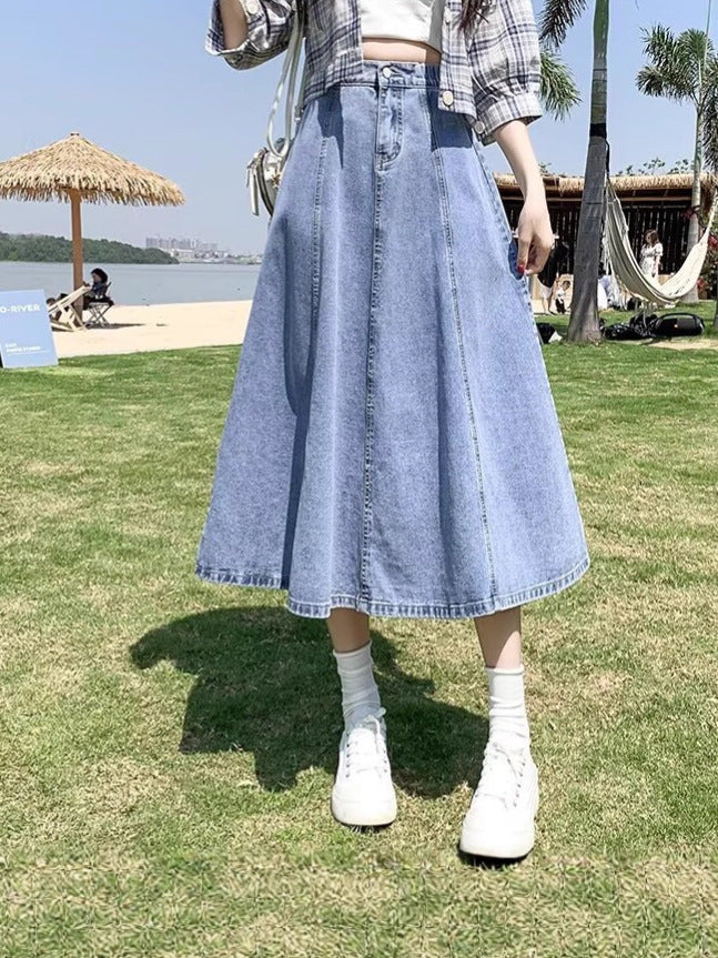 Plus Size High-Waisted Elastic Waist A-Line Denim Midi Skirt for Women