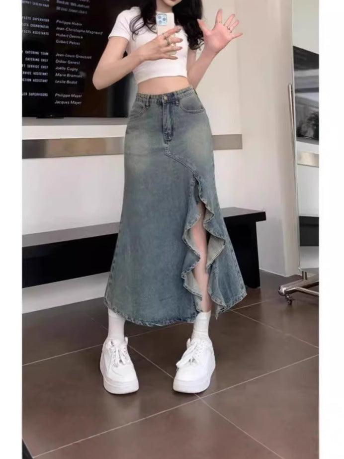 High-Waisted Retro Wave Denim Midi Skirt for Women