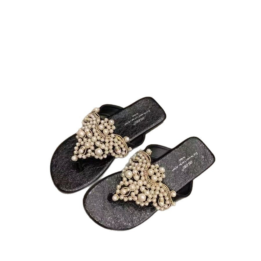 Bohemian Pearl Flip Flops Women Summer Beach Sandals