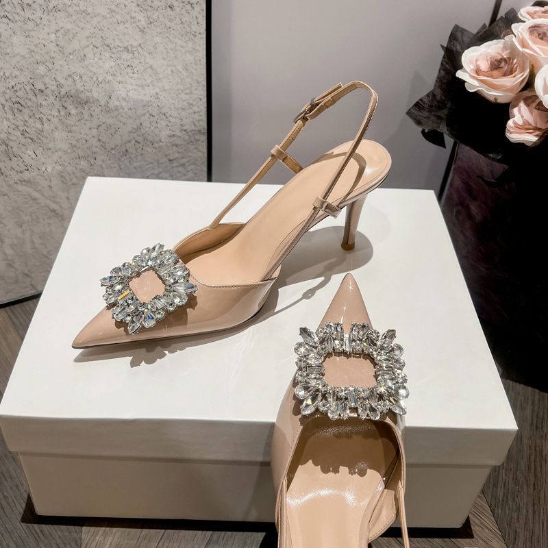 Rhinestone Stiletto Sandals Pointed Toe One-Strap Heels