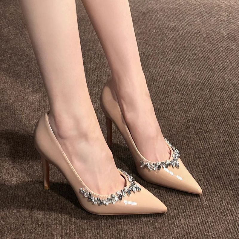 Nude Rhinestone Stiletto Heels Pointed Toe Wedding Shoes