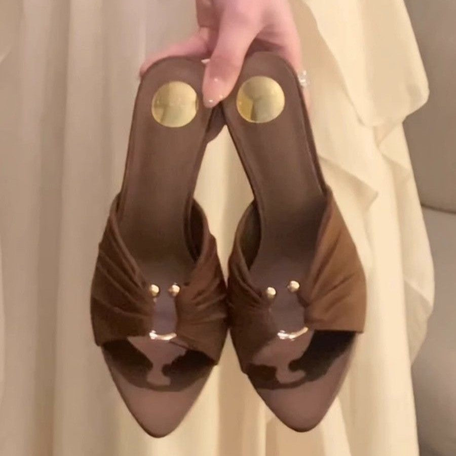 European Style Pleated Buckle Stiletto Sandals Open Toe Heels