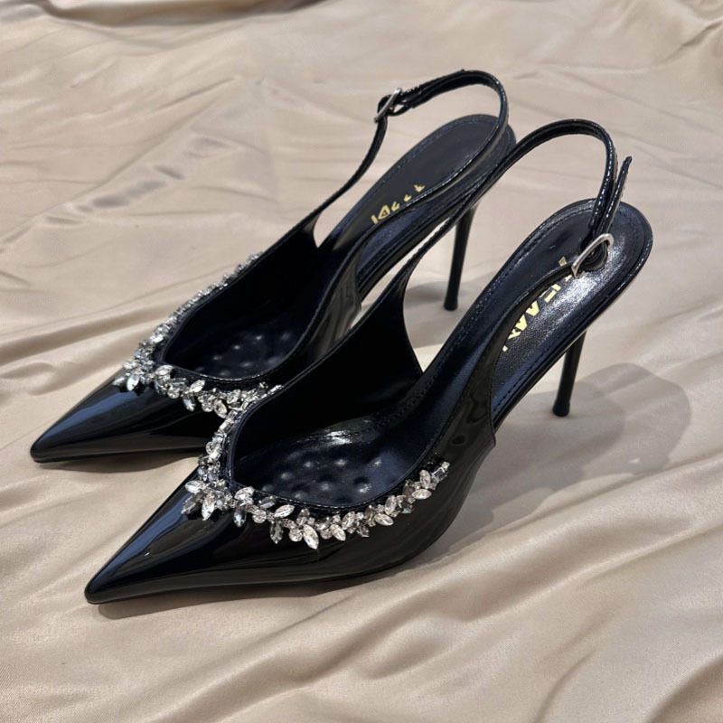 Rhinestone Patent Leather Stiletto Sandals Pointed Toe Heels