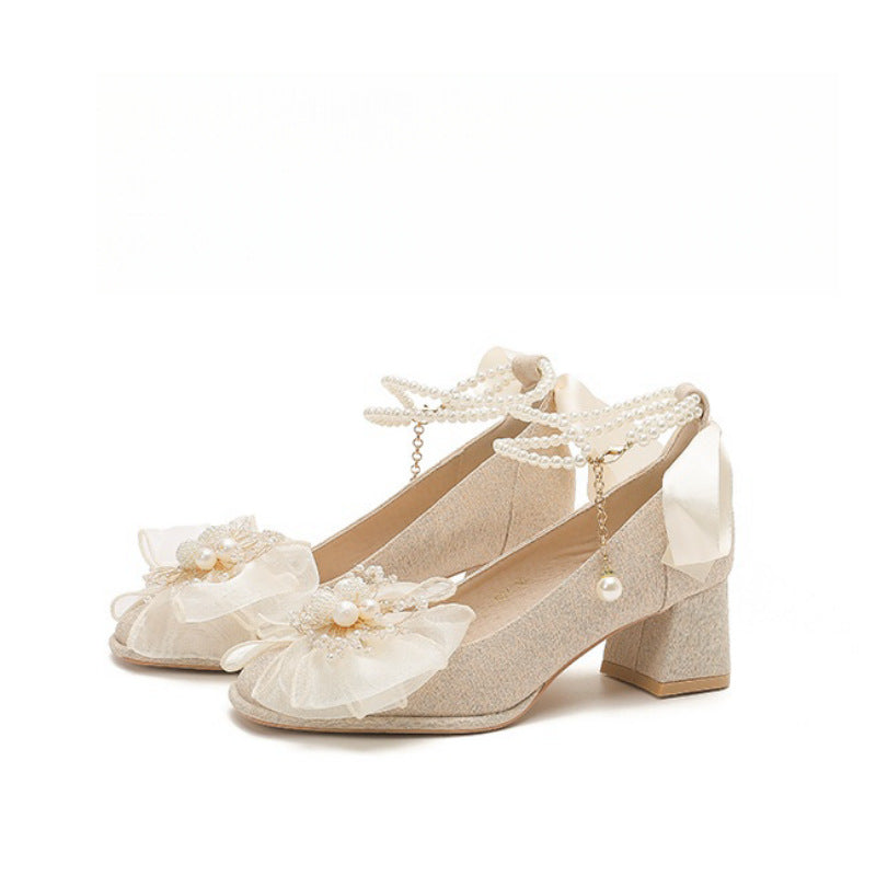 French Style Bow Mary Jane Wedding Shoes Soft Sole Heels