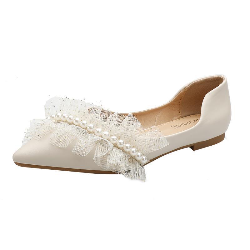 French Style Pearl Pointed Flat Shoes Soft Leather Wedding Flats