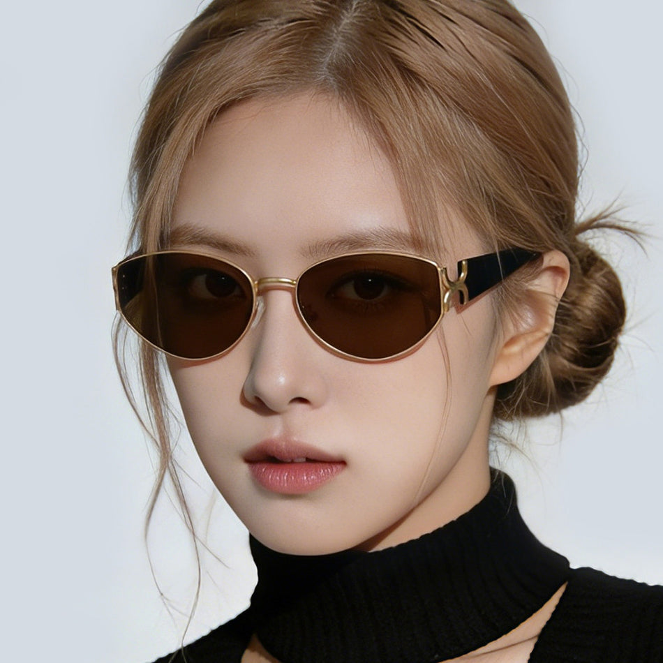 Premium Tea-Colored Cat-Eye Metal Sunglasses for Women UV Protection