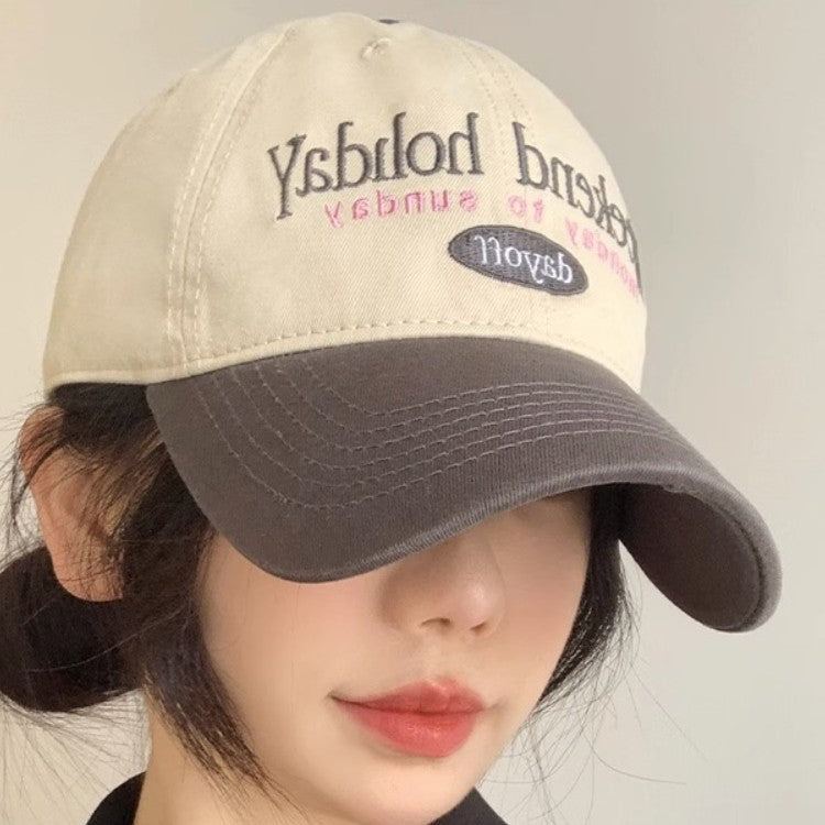 Korean Retro Color Block Baseball Cap Women Wide Brim Soft Hat