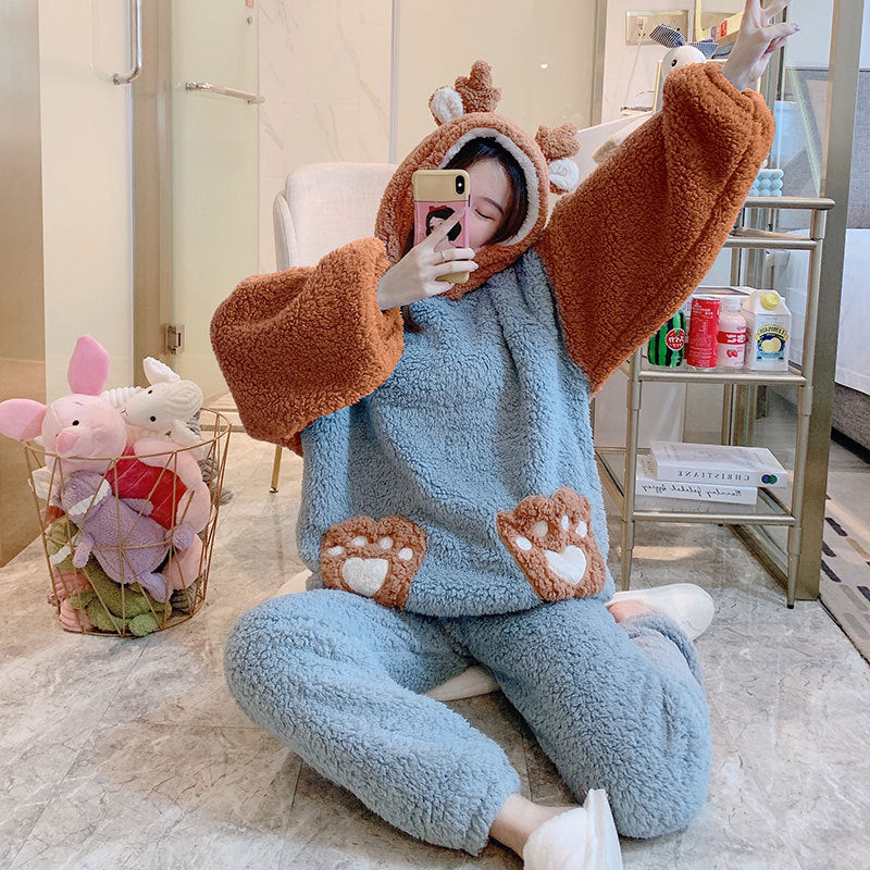 Cute Cartoon Hooded Pajamas – Girls’ Thick Winter Loungewear