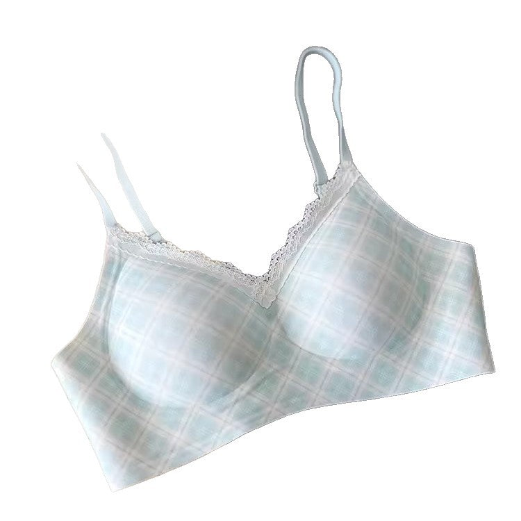 French Style Plaid Push Up Bra with Wireless Side Support