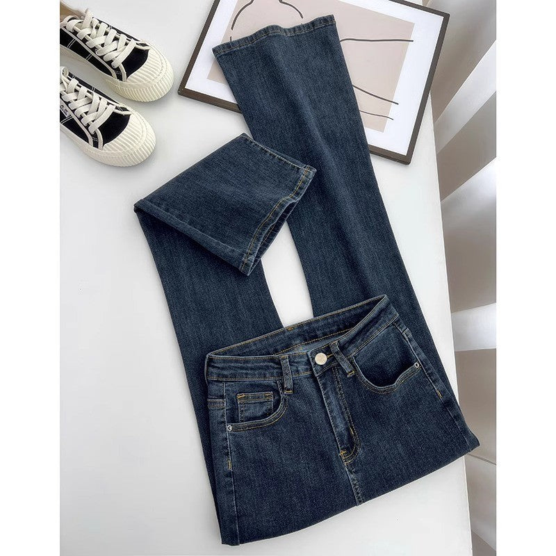 High Waist Micro Flare Jeans in Blue Grey Stretch Denim
