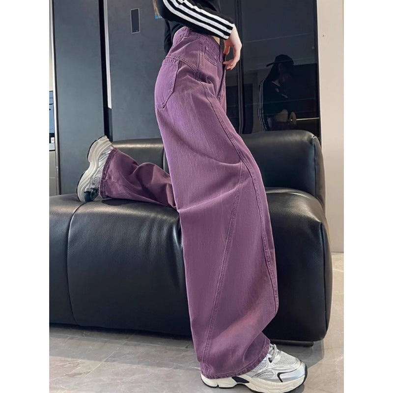 Purple High-Waisted Loose Wide-Leg Cargo Jeans for Women