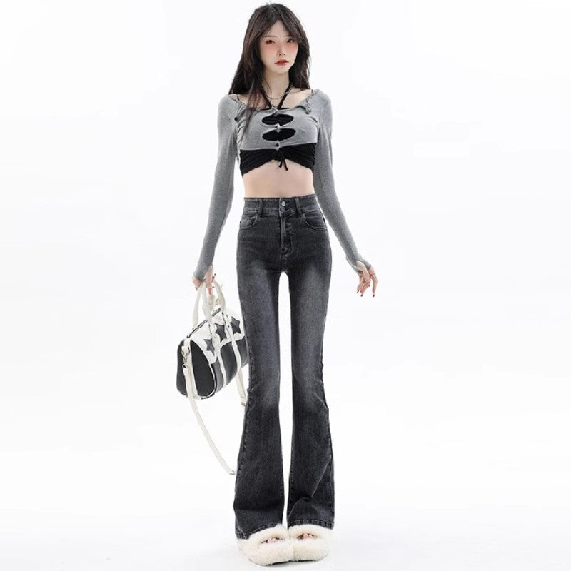 Retro Smoke Gray High-Waist Horseshoe Flared Jeans for Women