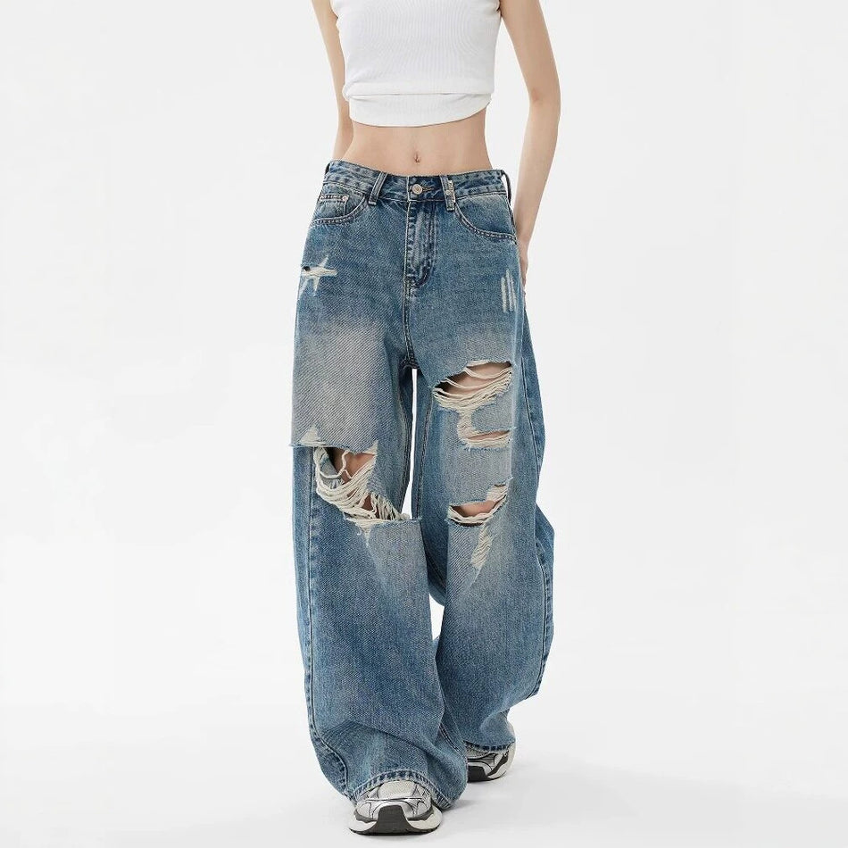 Retro Loose Ripped Straight-Leg Jeans for Women Draped Fit