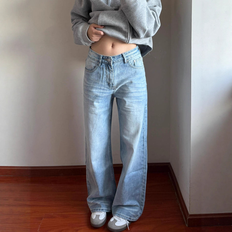 Light Blue Retro Straight-Leg Jeans for Women Floor-Length Fit