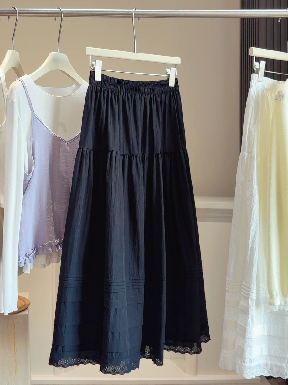 High-Waisted A-Line Skirt with Delicate Lace Trim Detail