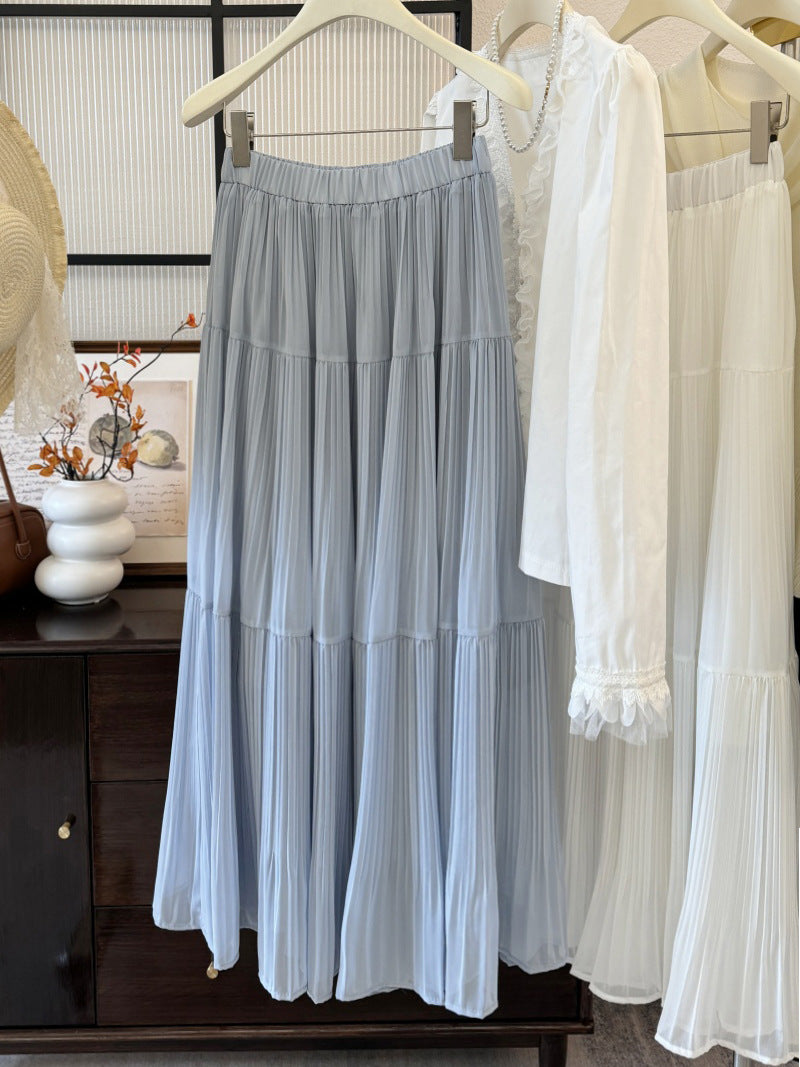High-Waisted Pleated Chiffon Maxi Skirt in French Retro Style