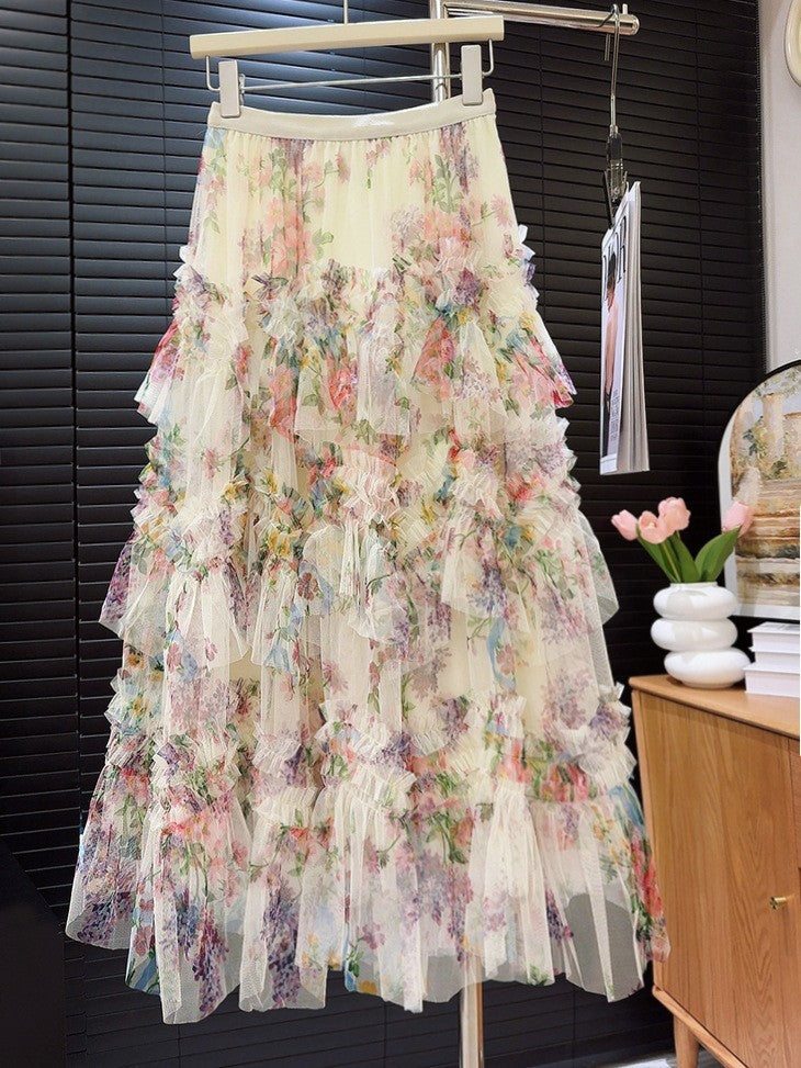 Floral Printed Mesh Tiered Maxi Skirt with Spliced Detail