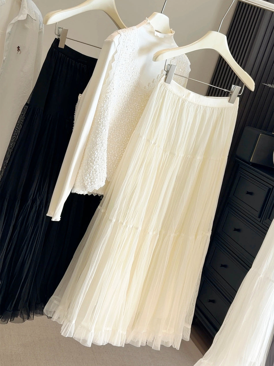 High-Waisted Ruffled Mesh A-Line Maxi Skirt