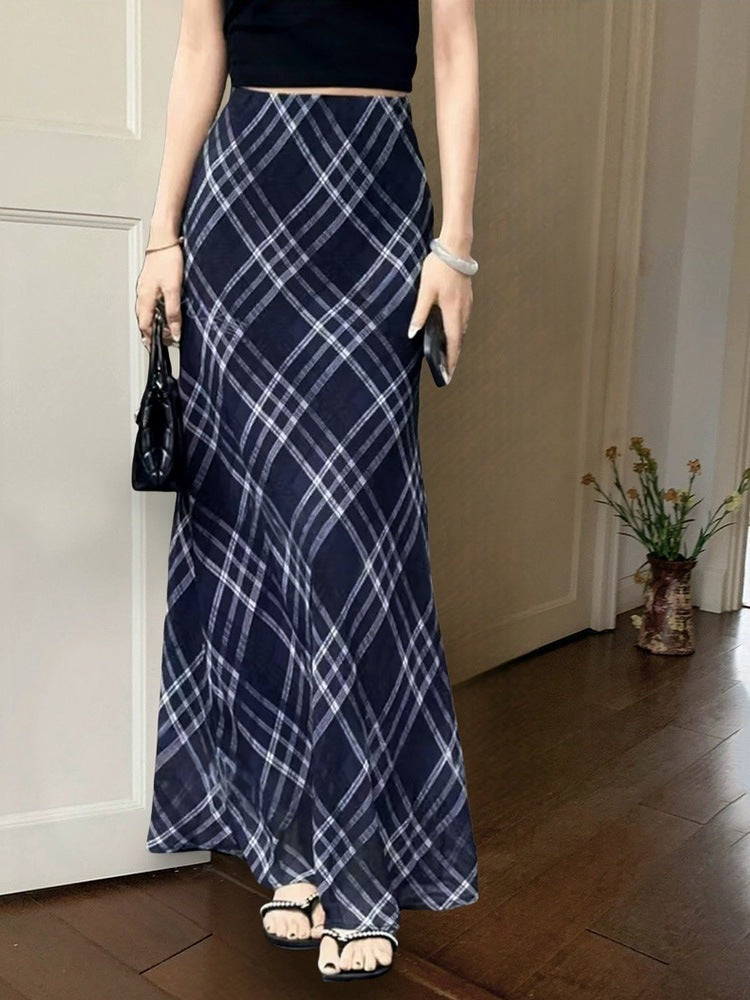 Retro Plaid Fishtail Maxi Skirt with Light Gauze Texture