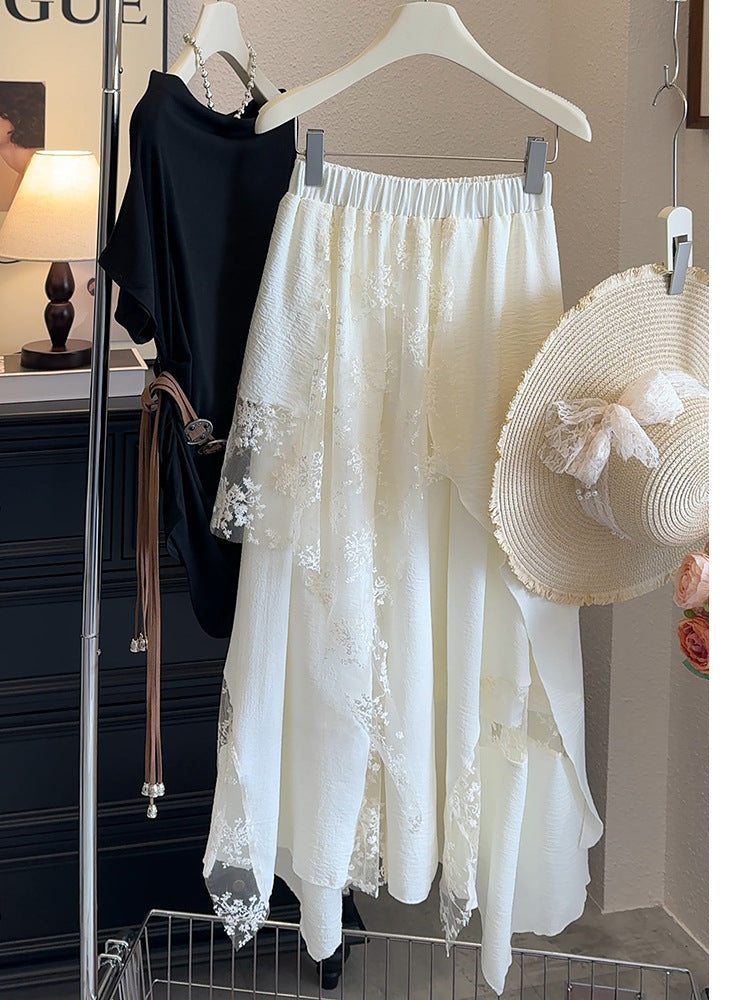 Heavy Industry Lace and Mesh High-Waisted A-Line Maxi Skirt