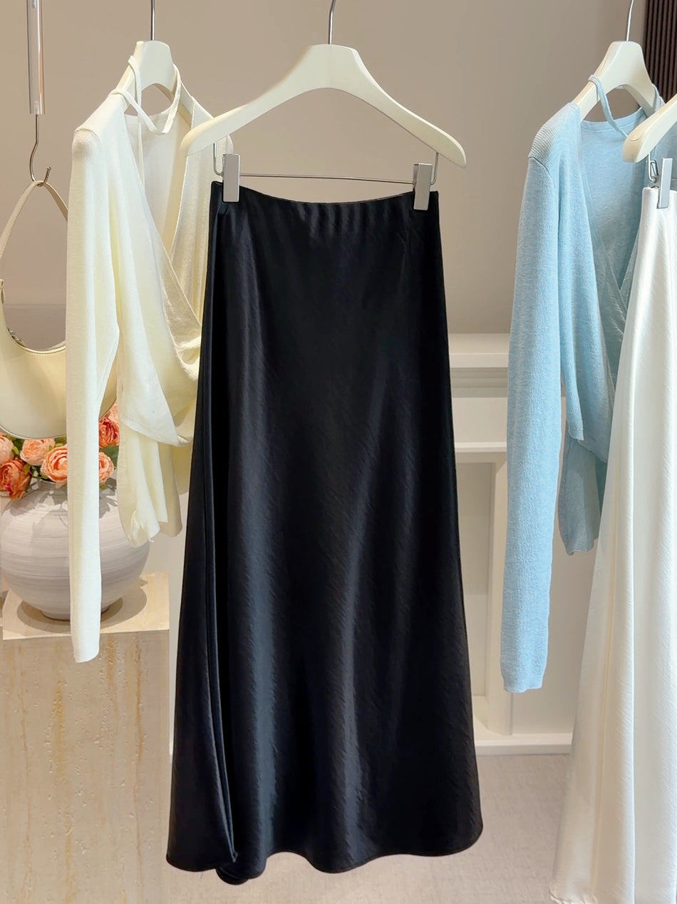 High-Waisted Acetate Satin Fishtail Skirt with Elegant Drape