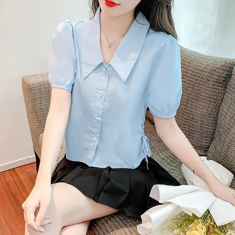 Doll Collar Puff Sleeve Chiffon Blouse in Sculpted Silk-Touch