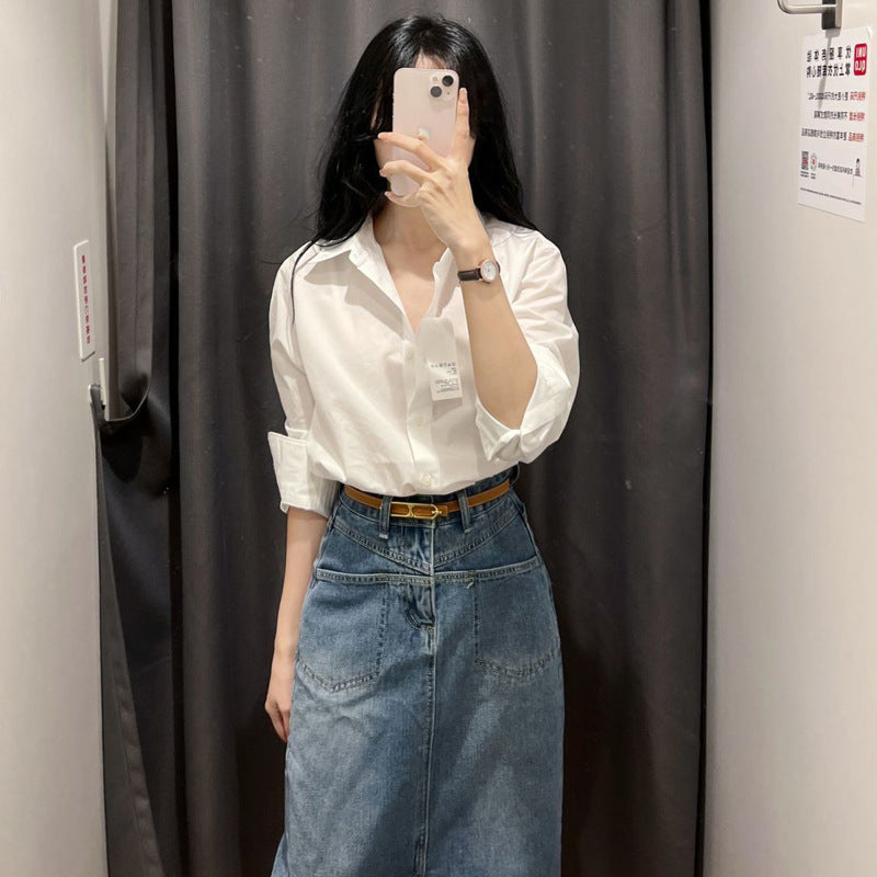 Sculpted Long-Sleeve Minimalist Blouse in Pristine White