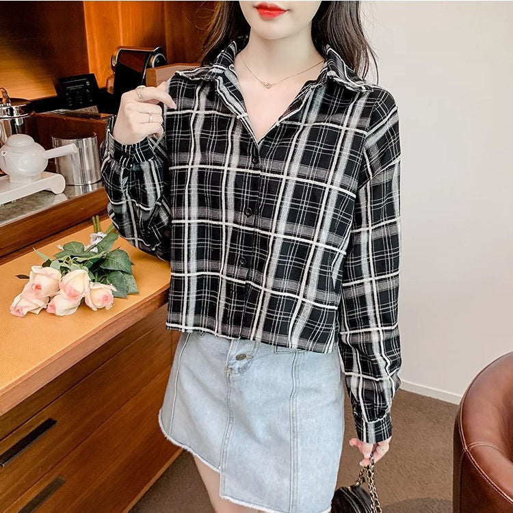 Retro Plaid Cropped Shirt in Lightweight Sun-Shielding Weave