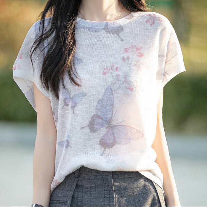 Bamboo Linen Tie-Dye Tee with Elegant Flutter Sleeves