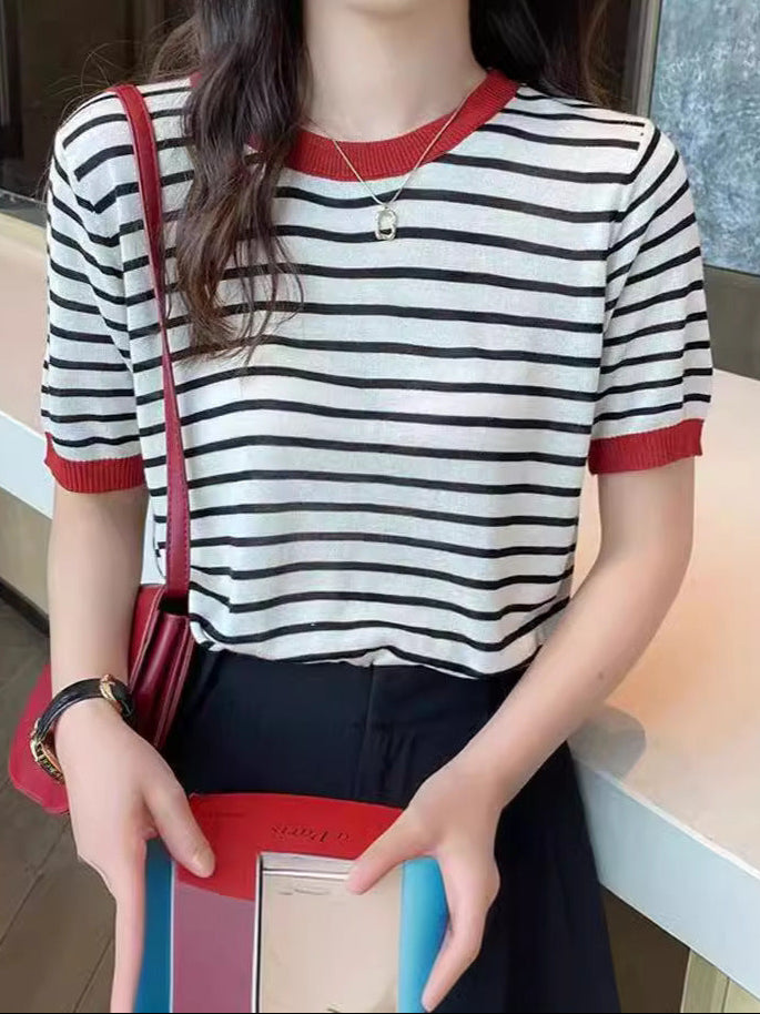 Ice Silk Striped Knit Top with Elegant Color-Blocking