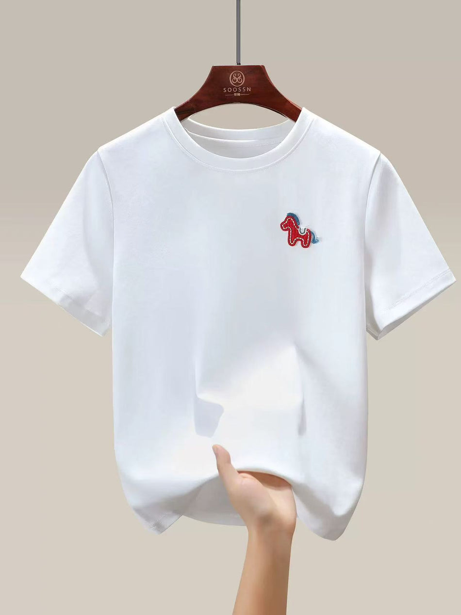Pony Embroidered Pure Cotton Short-Sleeve Purple T-Shirt