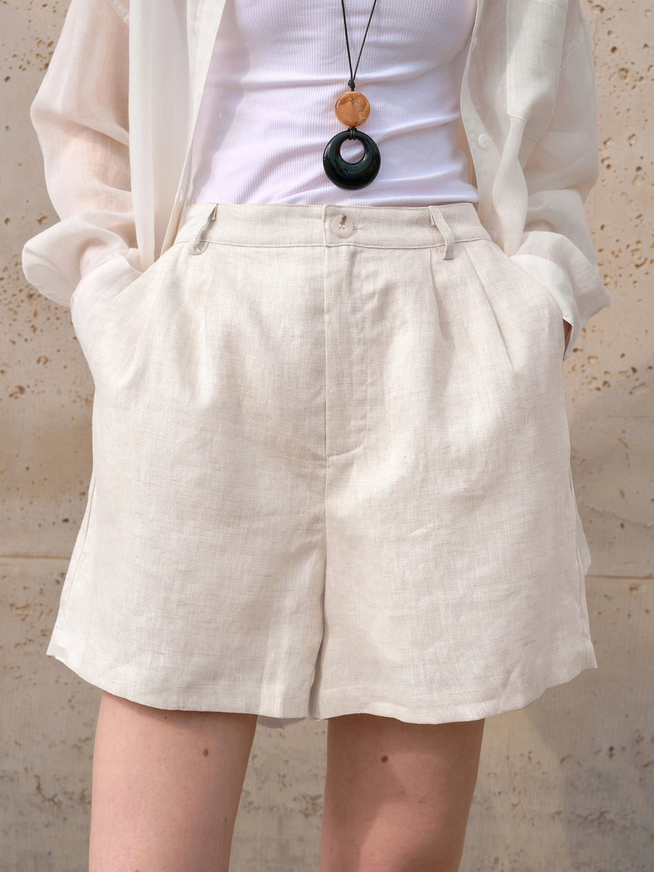 High-Waisted Pure Linen Commuter Shorts in Alabaster