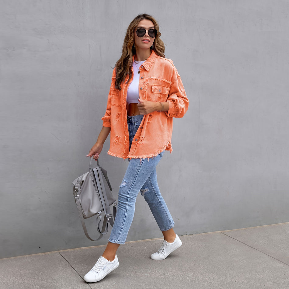 Premium Mid-Length Distressed Denim Jacket for Women