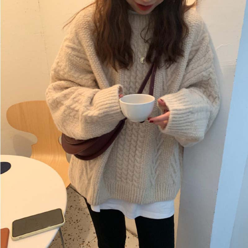 Elegant Loose Twist Knit Sweater for Autumn and Winter