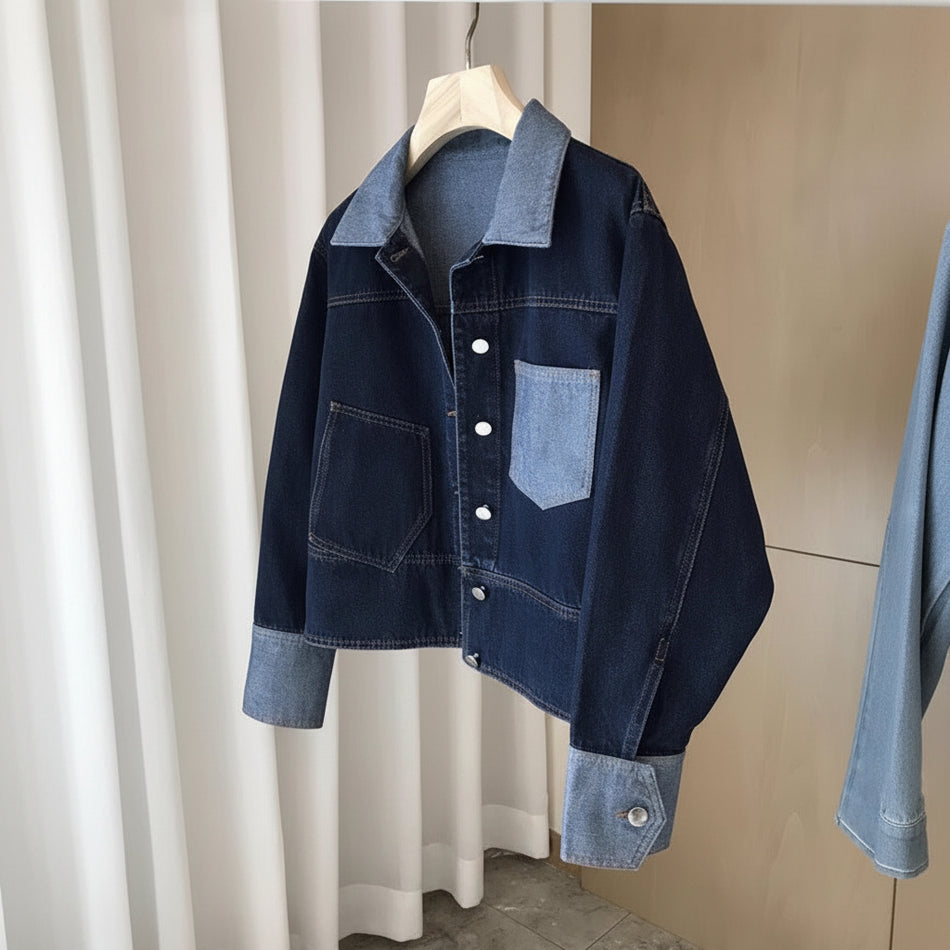 Washed Denim Crop Coat with Contrast Lapel Detailing